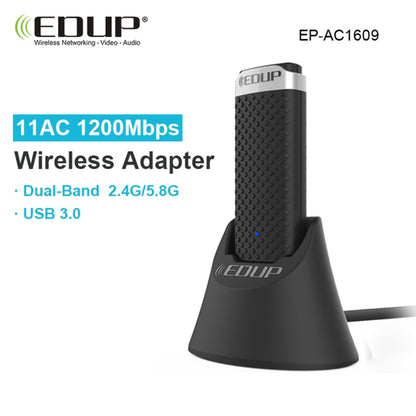 EDUP EP-AC1609 1200Mbps High Speed USB 3.0 WiFi Adapter Receiver Ethernet Adapter with 1m Extend Cable & Base, EP-AC1609 1200Mbps